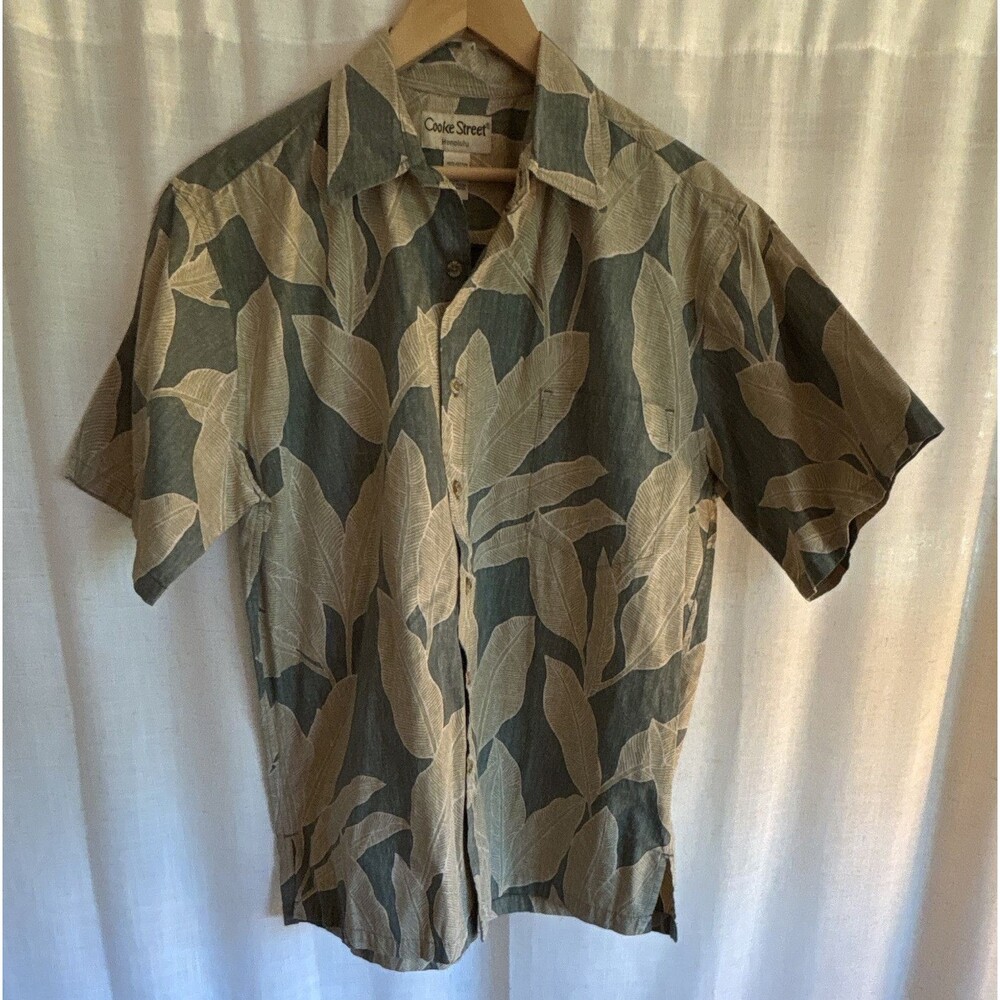 Cooke Street Men's Green/Beige Floral Hawaiian Short Sleeve Button-Up Pockets M